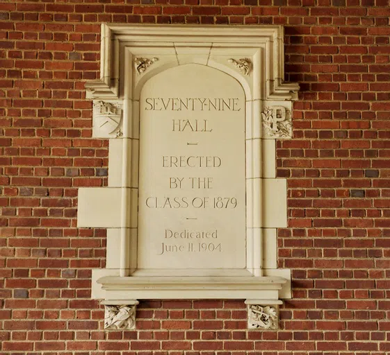 Dedication Plaque that reads: "79 Hall, erected by Class of 1879. Dedicated June 11, 1904