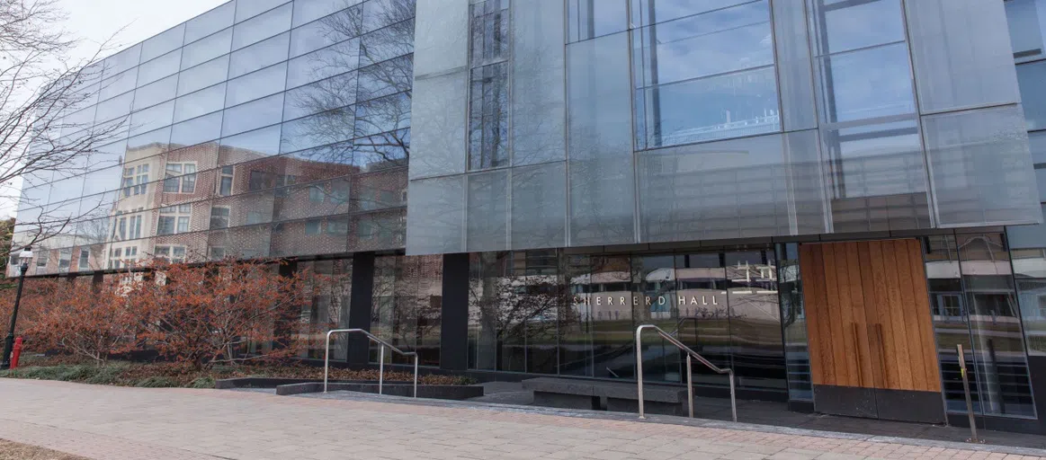 Fulll glass exterior of Sherrerd Hall 