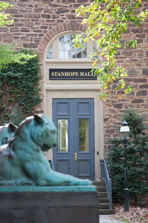 Stanhope Hall in the background with tiger statues in the foreground.