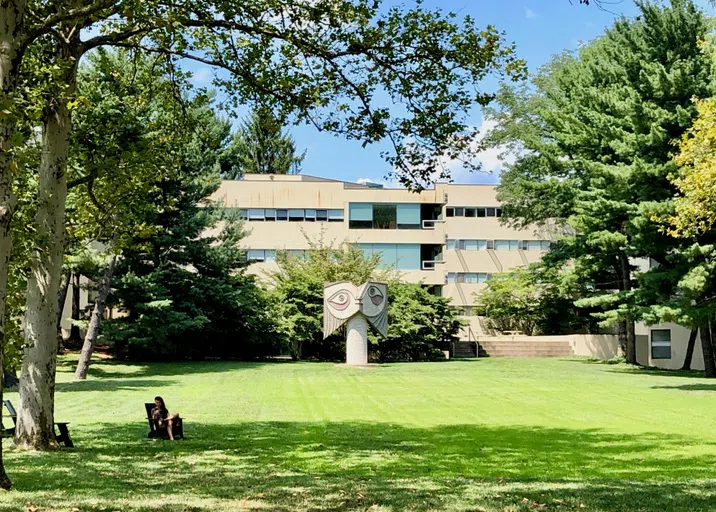 Spelman Hall with a sculpture in front