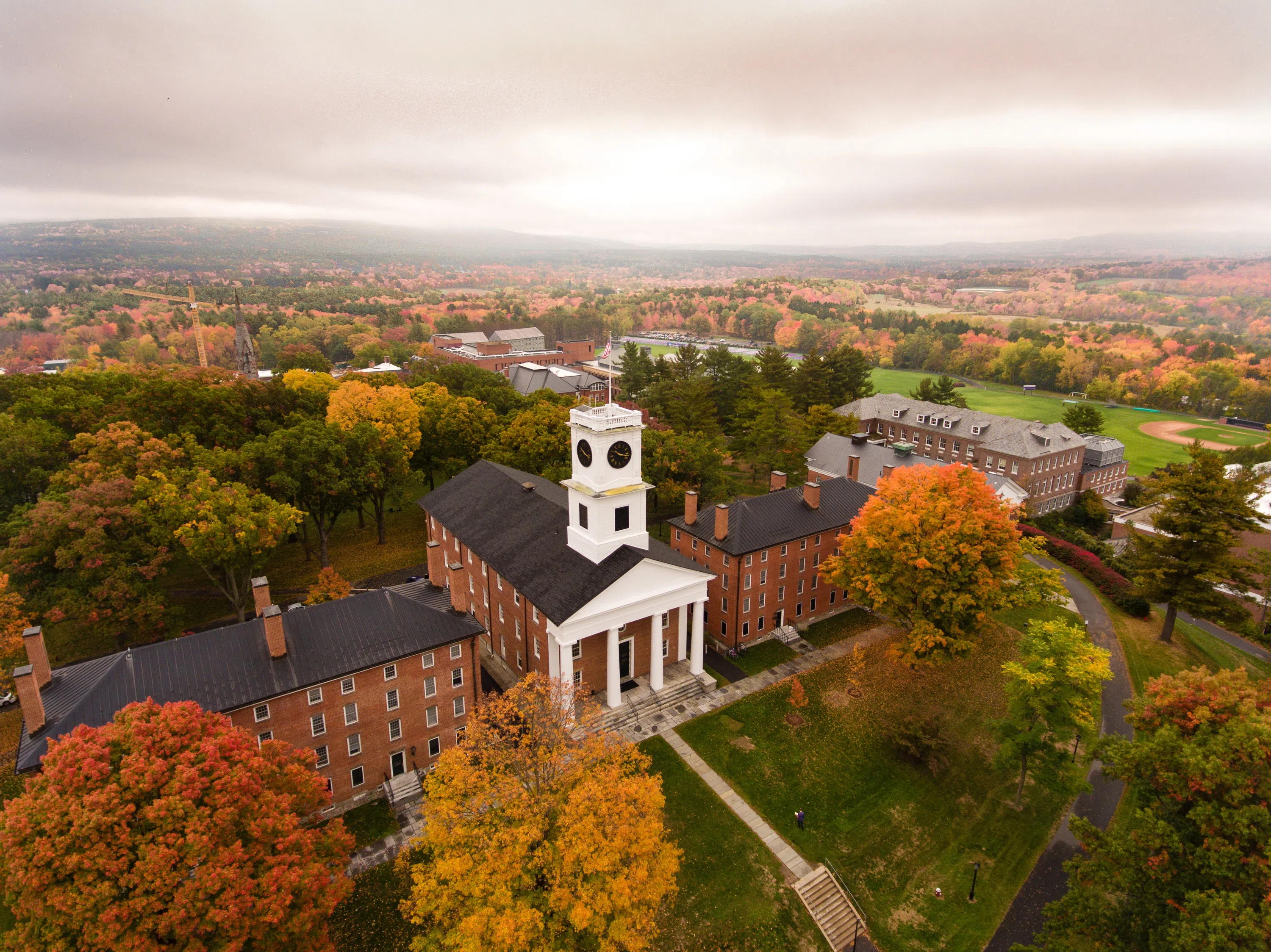 Aerial shot of Johnson Chapel in the fall