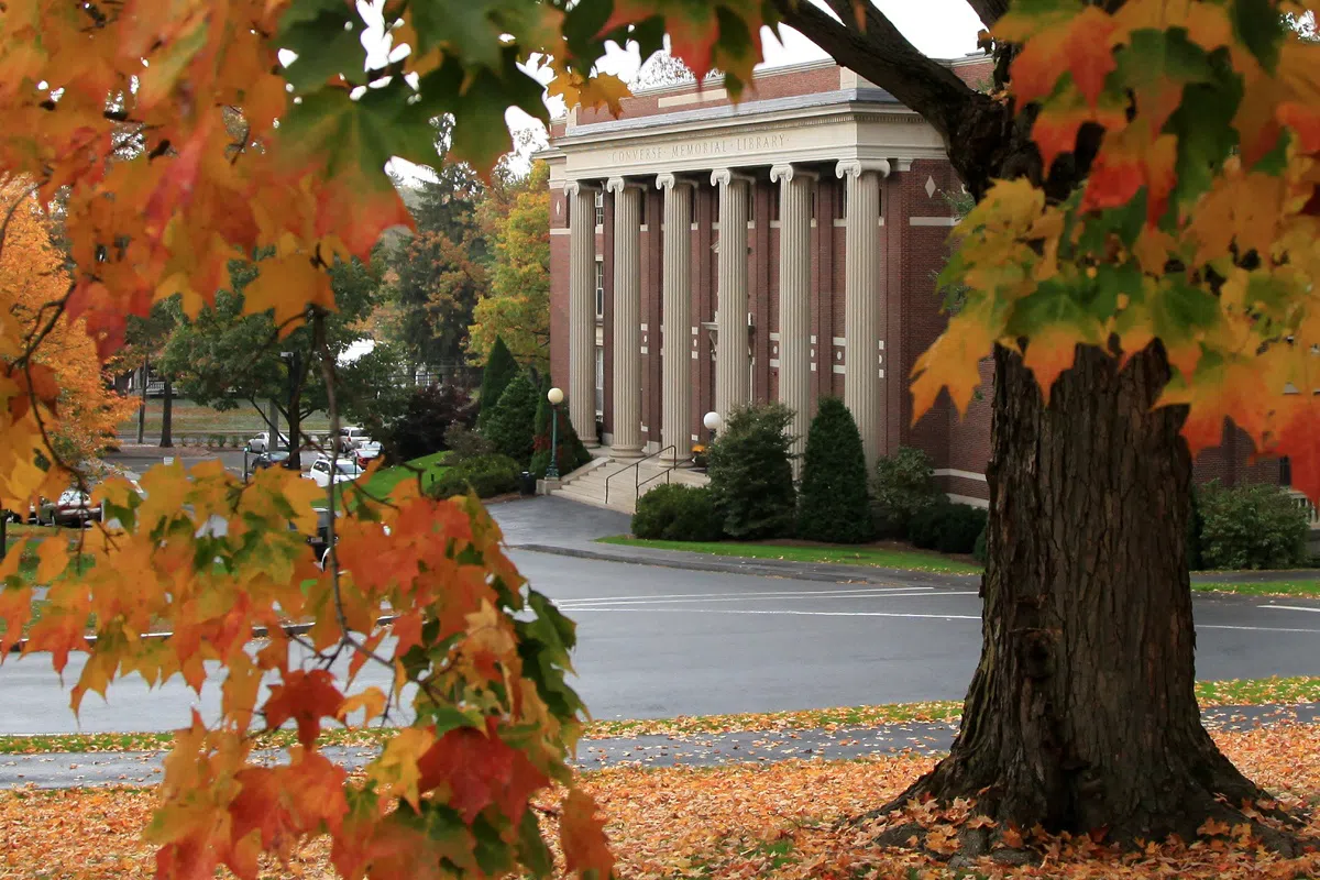Exterior shot of Converse Hall in fall