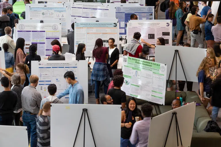 Students presenting research on white boards in Science Center lobby.