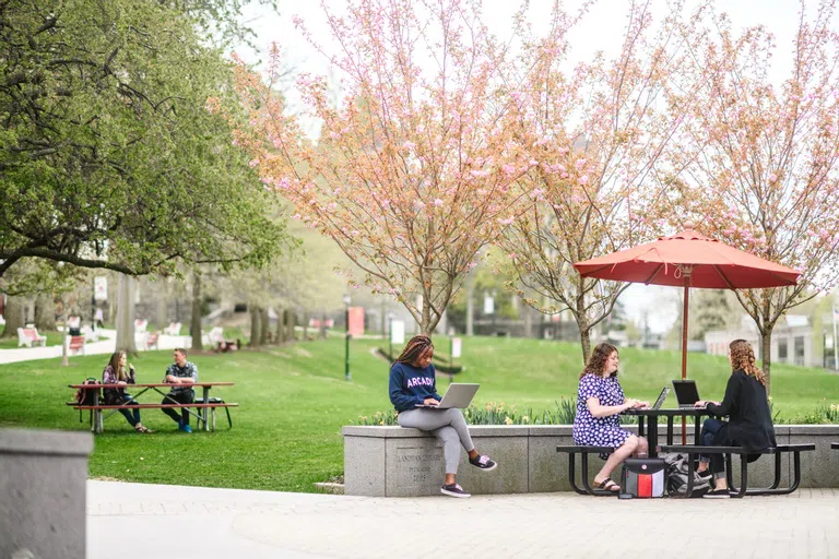 Students on the library patio