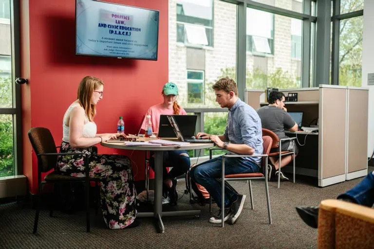 Students at a study area in Brubaker Hall