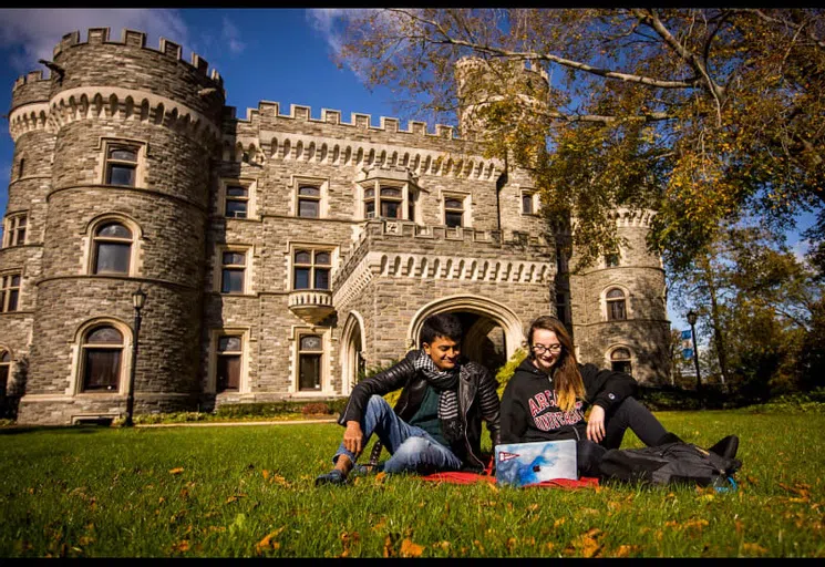 Students sitting in front of Grey Towers Castle