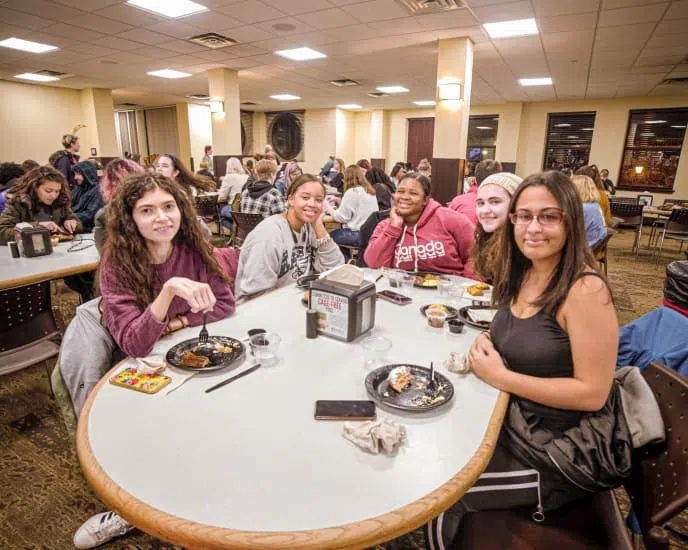 Students enjoying Late Knight Breakfast, an Arcadia tradition hosted during finals week.