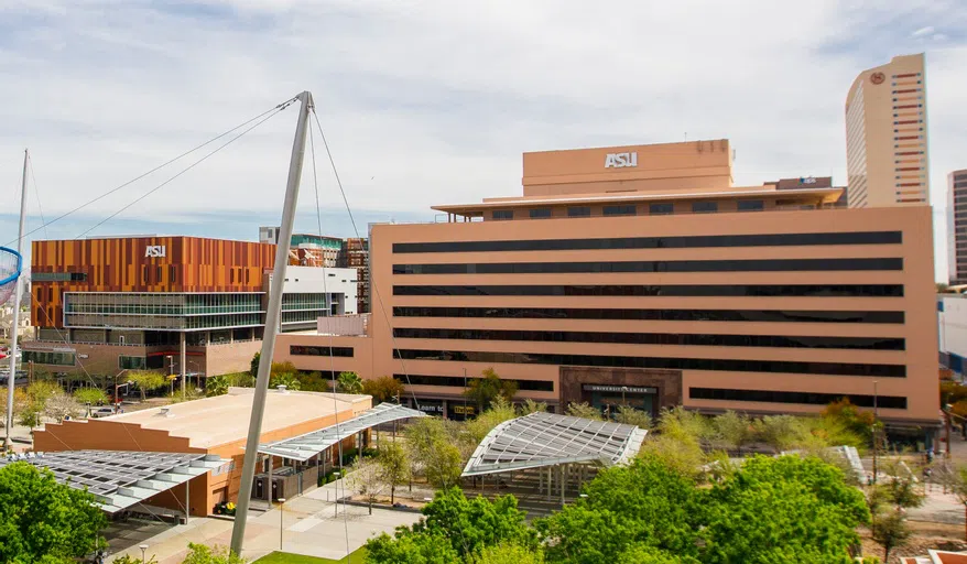 Aerial view of University Center building, with A.E. England building in the foreground.