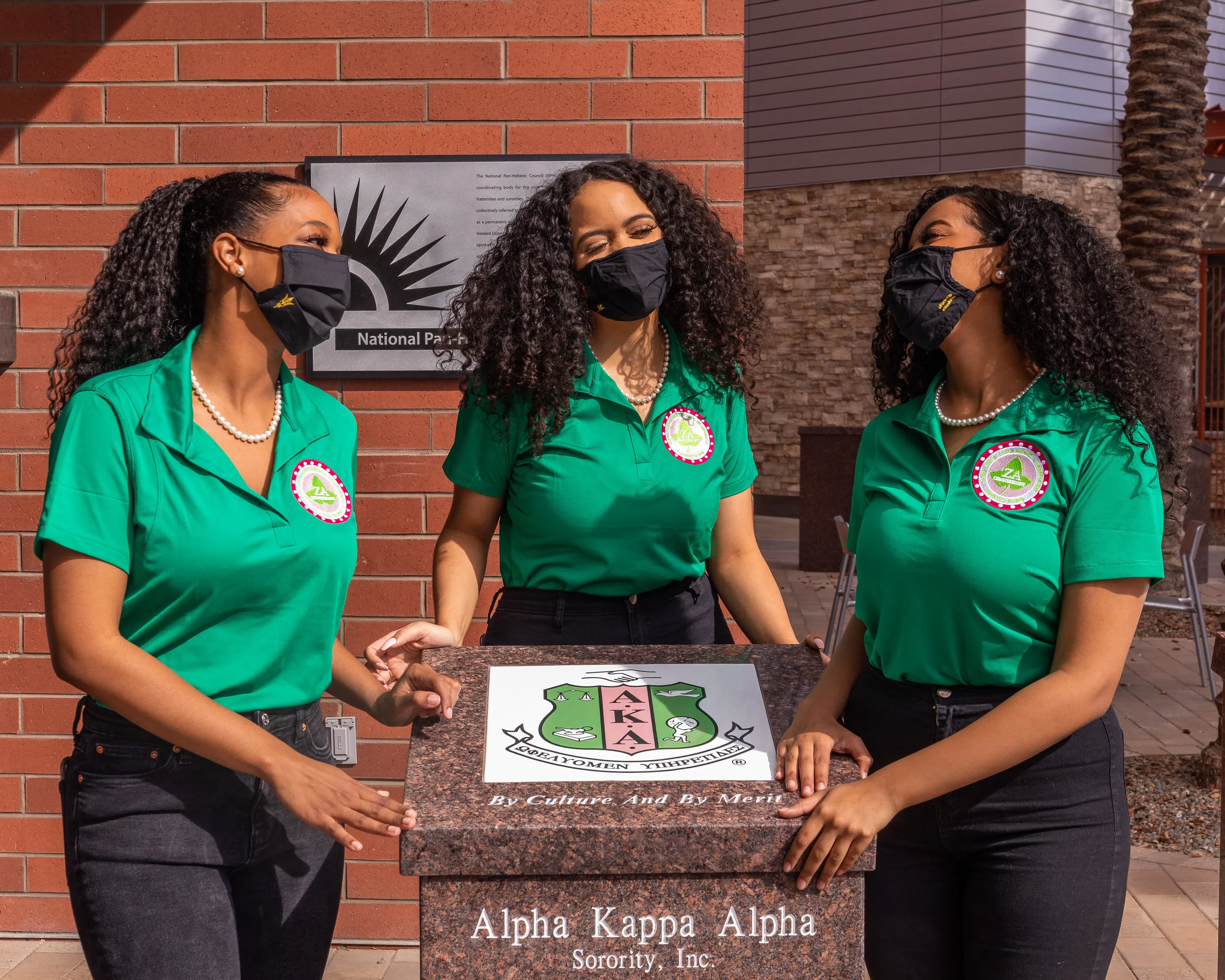 Three representatives from the Alpha Kappa Alpha society smile and talk next to their society's plaque. 
