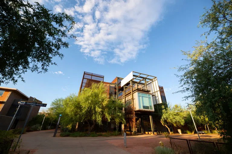 pavement and gravel walkway labeled Sonoran Arroyo Mall in front of palo verde tree and copper colored metal multi-story building. 