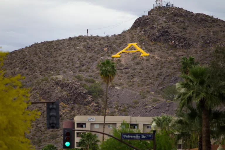 Hayden Butte with 60 foot gold A on side of the butte.