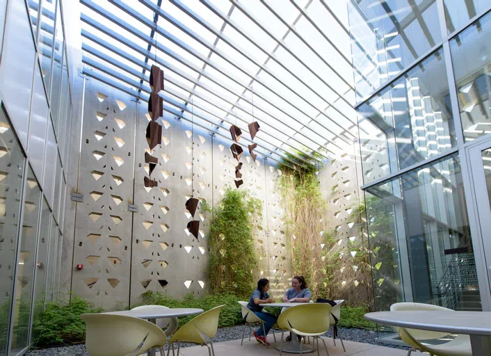 Two people sit at a table in a courtyard.