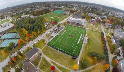 An aerial view of Garcelon shows the vibrant green of the AstroTurf field