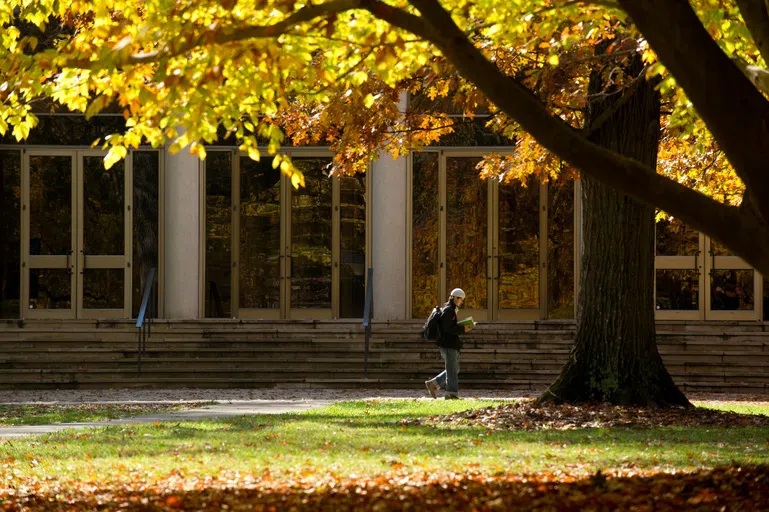 Student walks past red brick building with large glass windows. An autumn tree is set in the foreground.