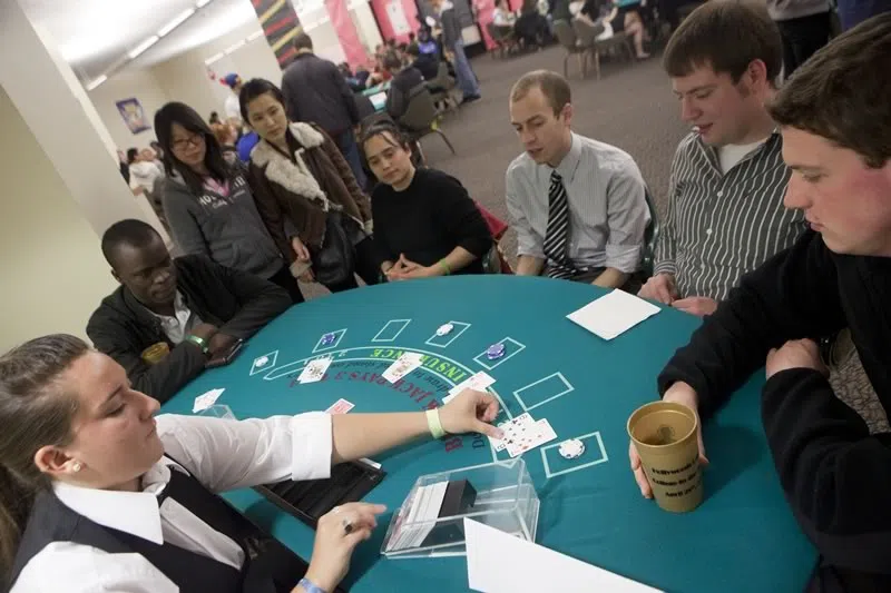 Students playing cards at the Casino in the Woods event