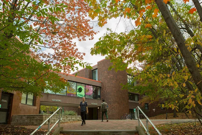 After passing under the overhang pictured here, students can enter the dining hall to the left and have central access to all CIW Dorm Buildings