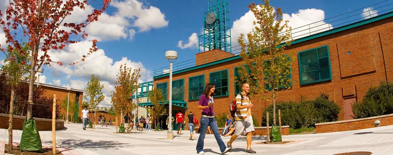 Entrance to university union west located beneath the campus clocktower