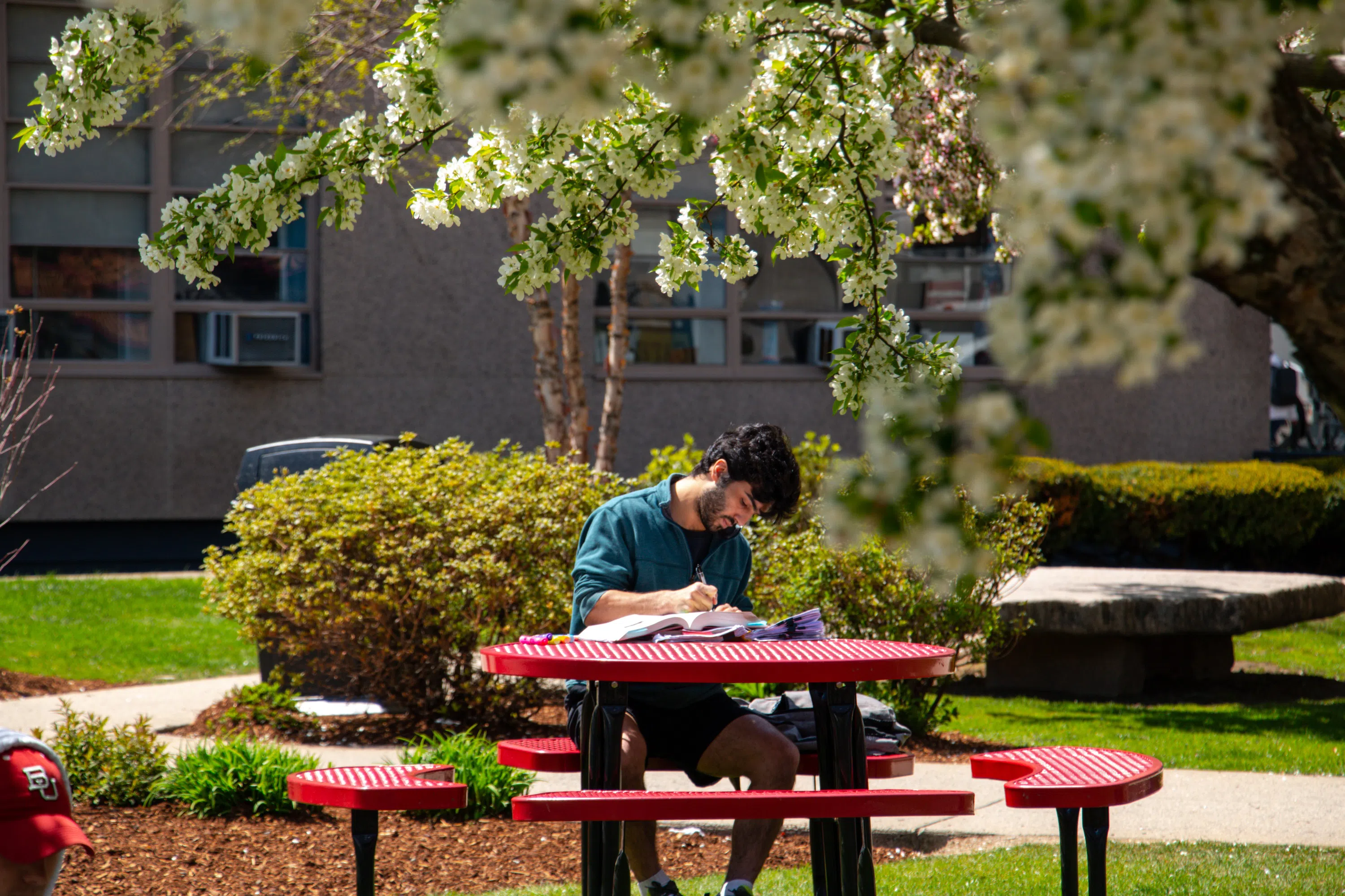 Student studying in front of the College of Communication