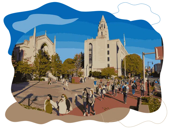 Two campus buildings with students actively walking in front of them