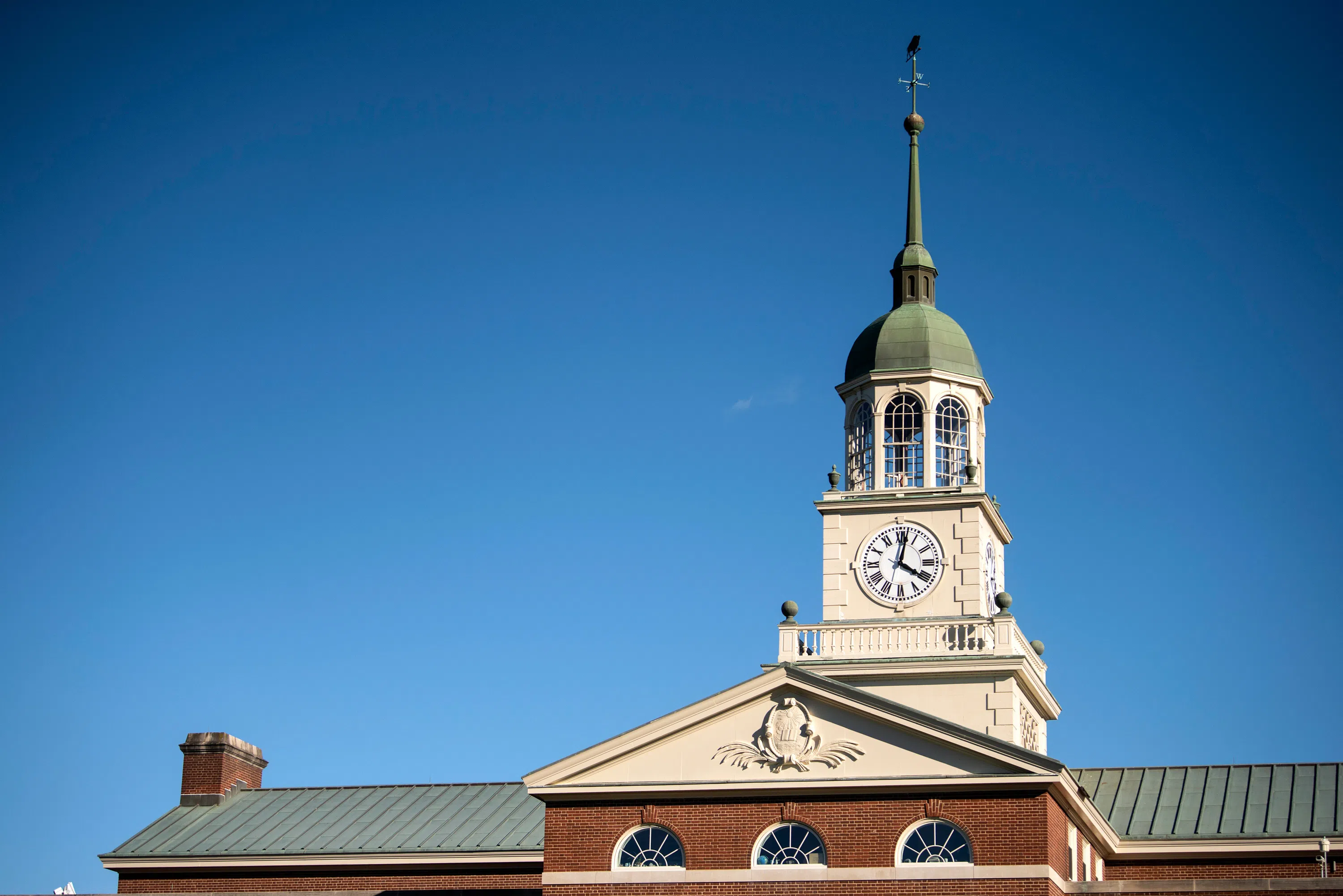 A view of the clocktower above Bertrand Library