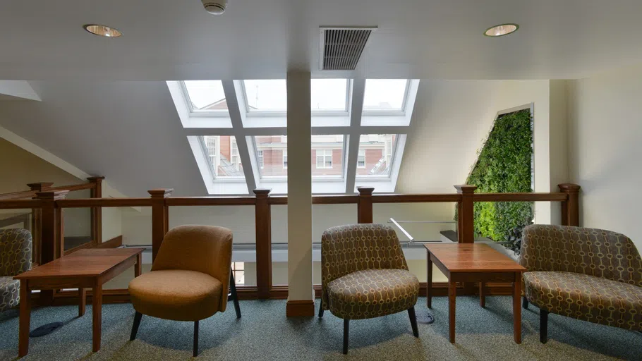 plush chairs sit on either side of two small side tables with a skylight and the living plant wall behind them