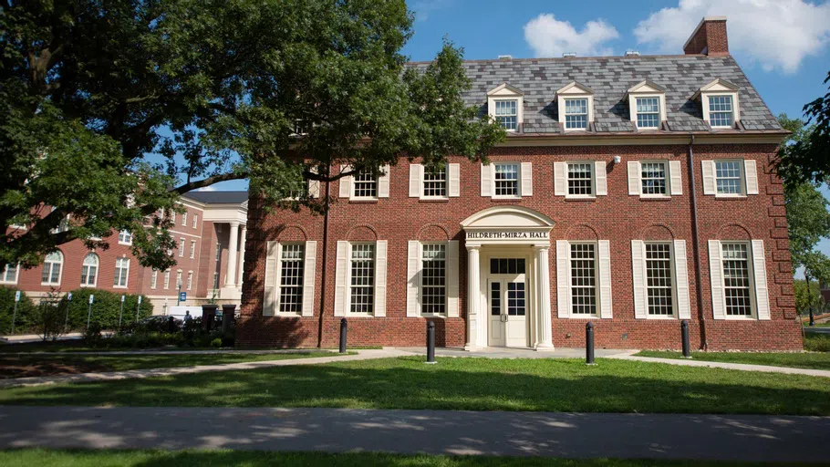 ground-level view of the front exterior of Hildeth-Mirza Hall