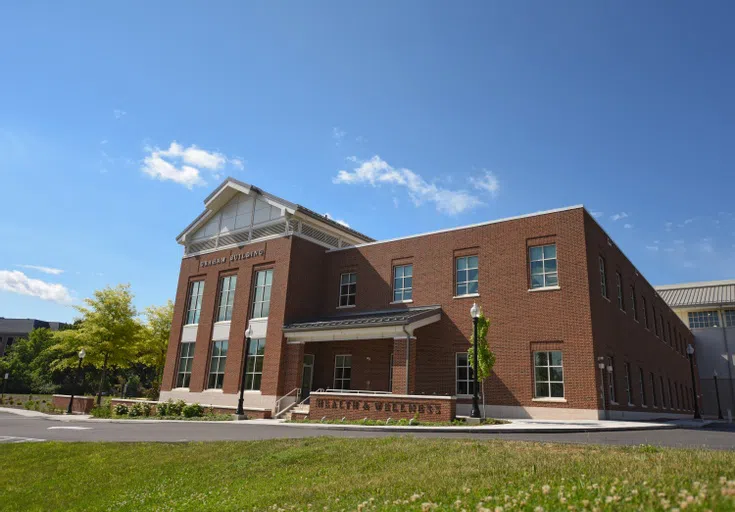 the front exterior of the graham building from ground level