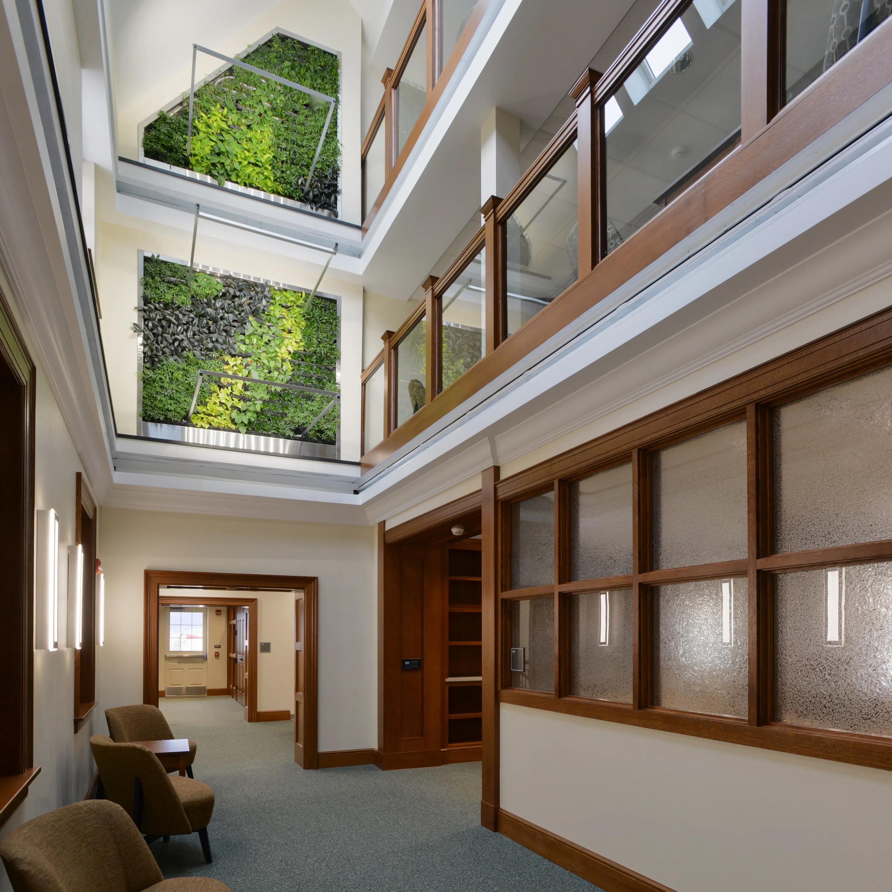 a living plant wall grow out on the second and third floors of a hall in Hildreth-Mirza