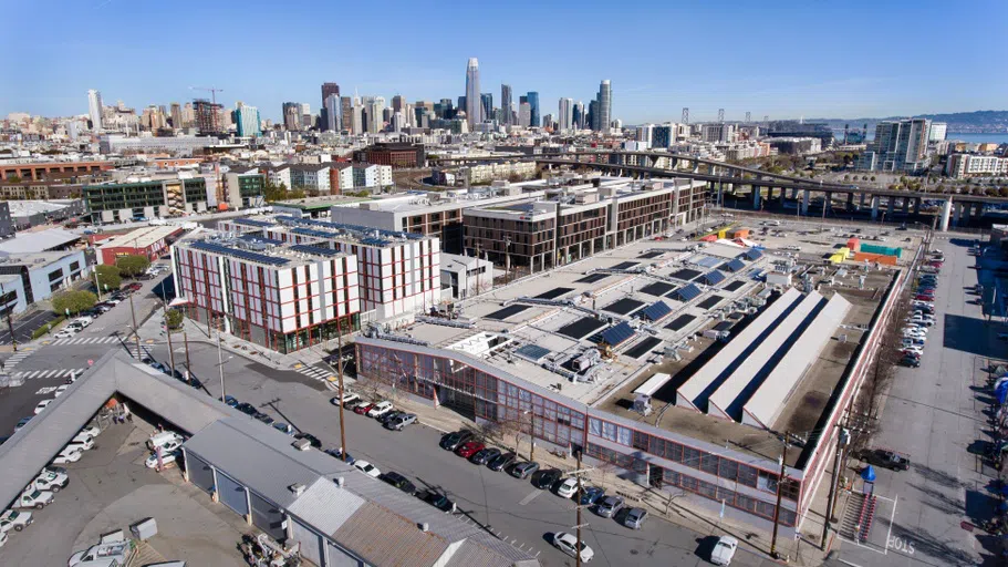 An aerial view of California College of the Arts with San Francisco in the background