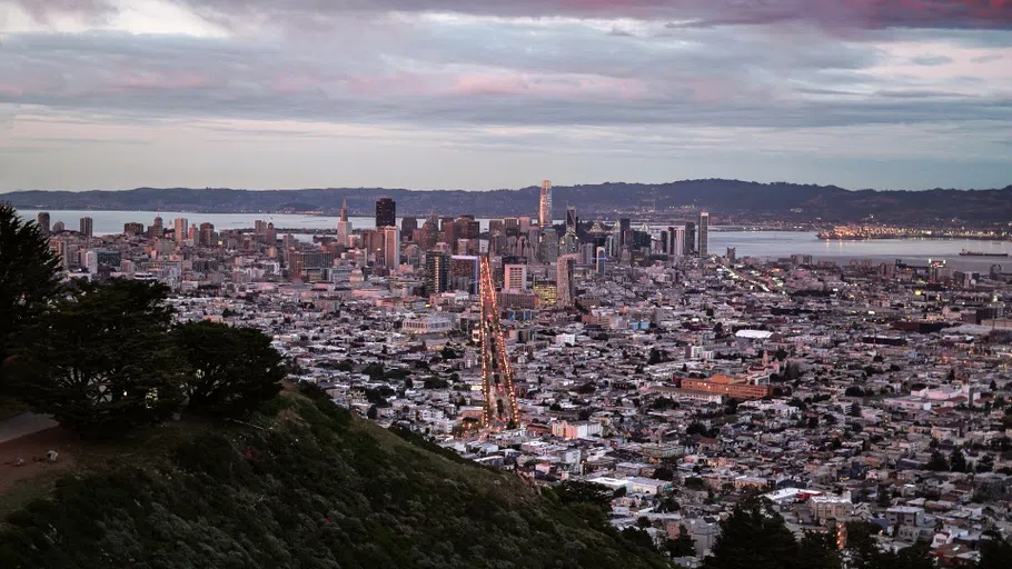 Evening view of Market Street from the top of Twin Peaks. 