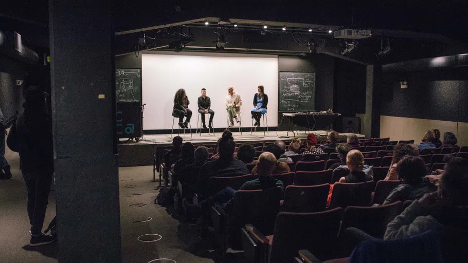 Artists Sarah Hennies, Kadet Kuhne, and Carla Lucero discuss their work in Timken Hall. 