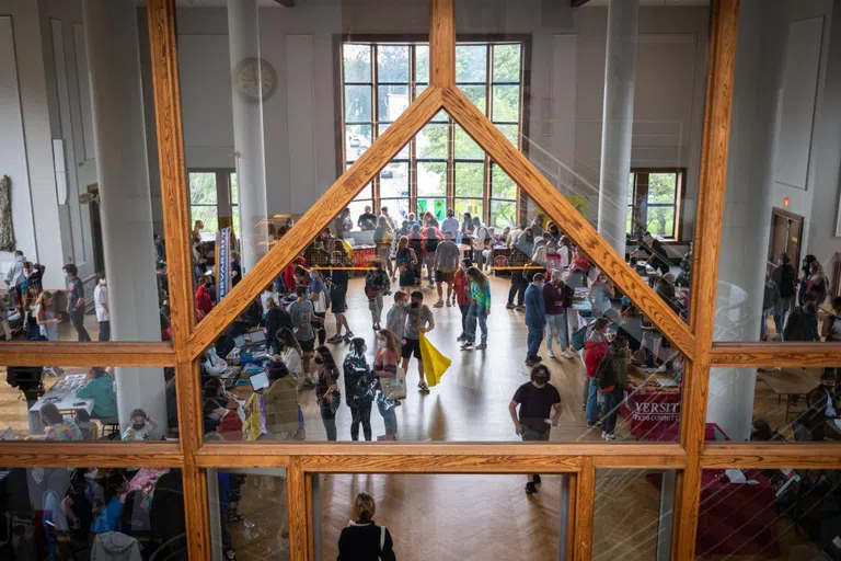 aerial view of student club fair in ballroom