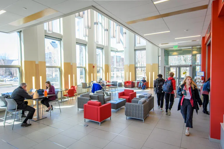 lobby with students walking and studying