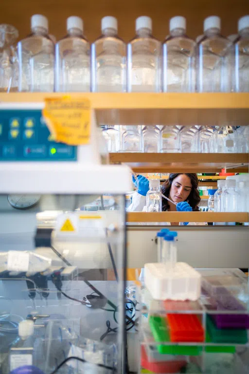 student using a pipette in the lab