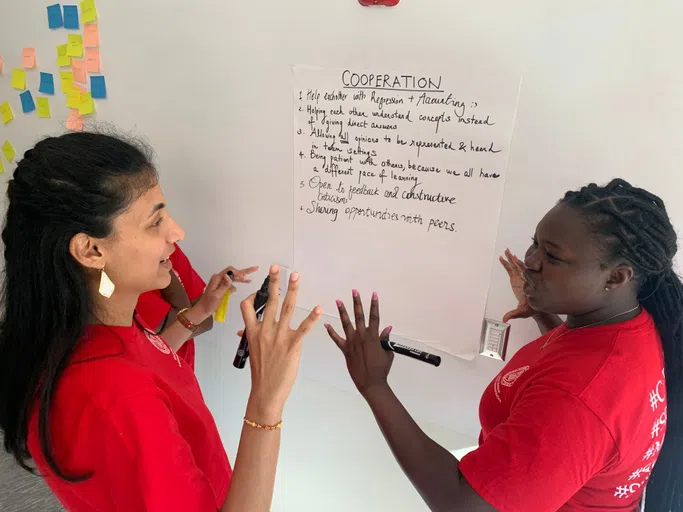 Two graduate students in the Sloan Master of Health Administration program collaborate on an orientation activity. There is a whiteboard behind them, and multicolored sticky notes on the wall nearby.