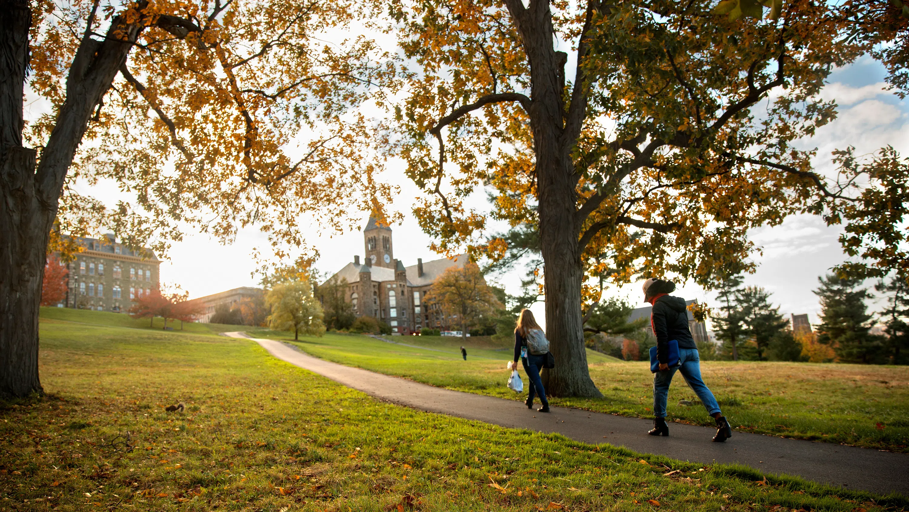 Two students are seen walking up a pathway on a fall day. In the distance are McGraw Tower and two other academic buildings.