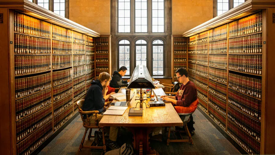 Students study for finals at a table surrounded by bookshelves in the Law Library of Myron Taylor Hall.