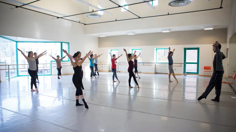 Ten dancers with their arms raised in a dance studio. 