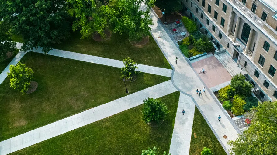 Aerial view of Warren Hall on the Agriculture Quad.