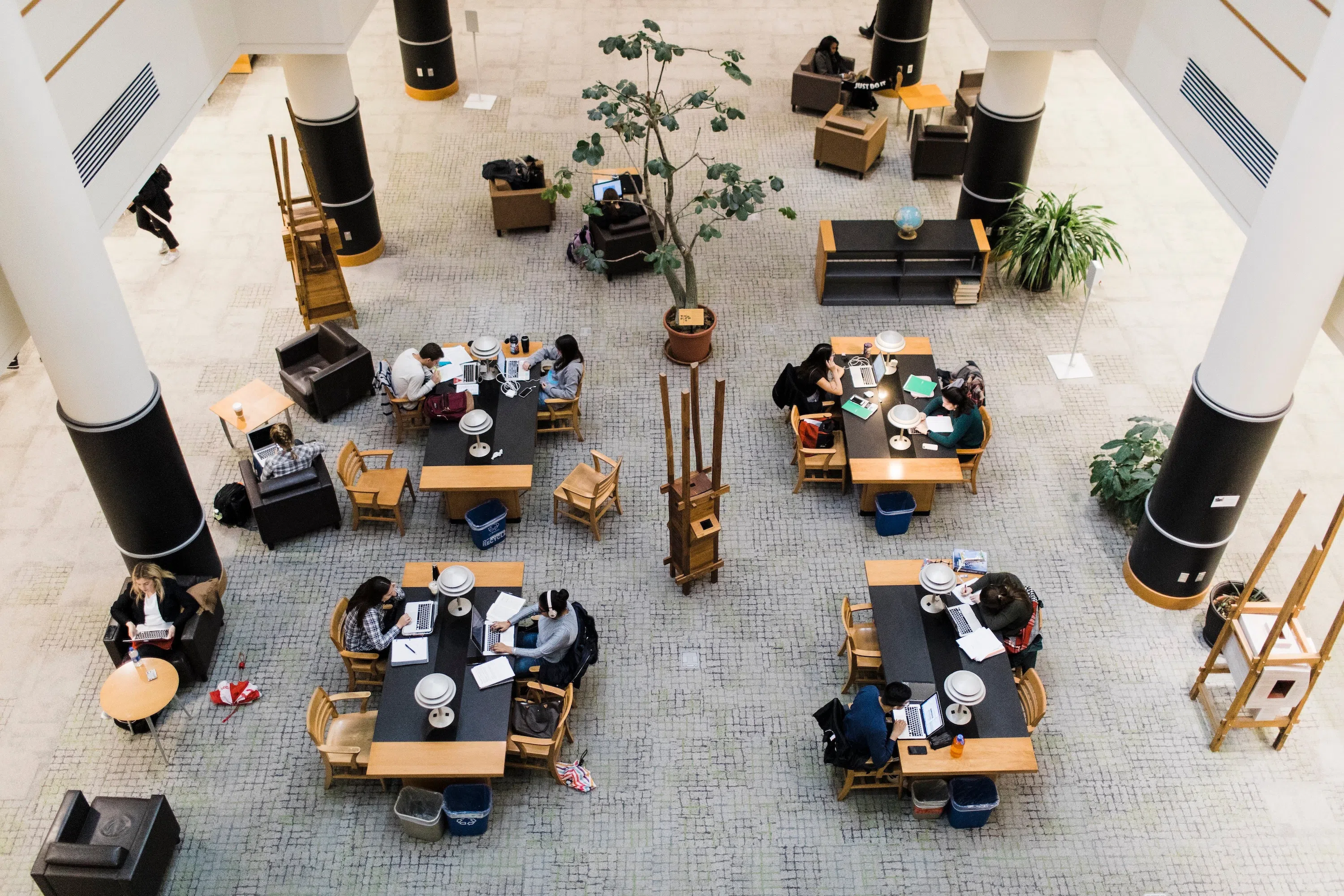 An aerial view of students sitting at tables in Mann Library studying.