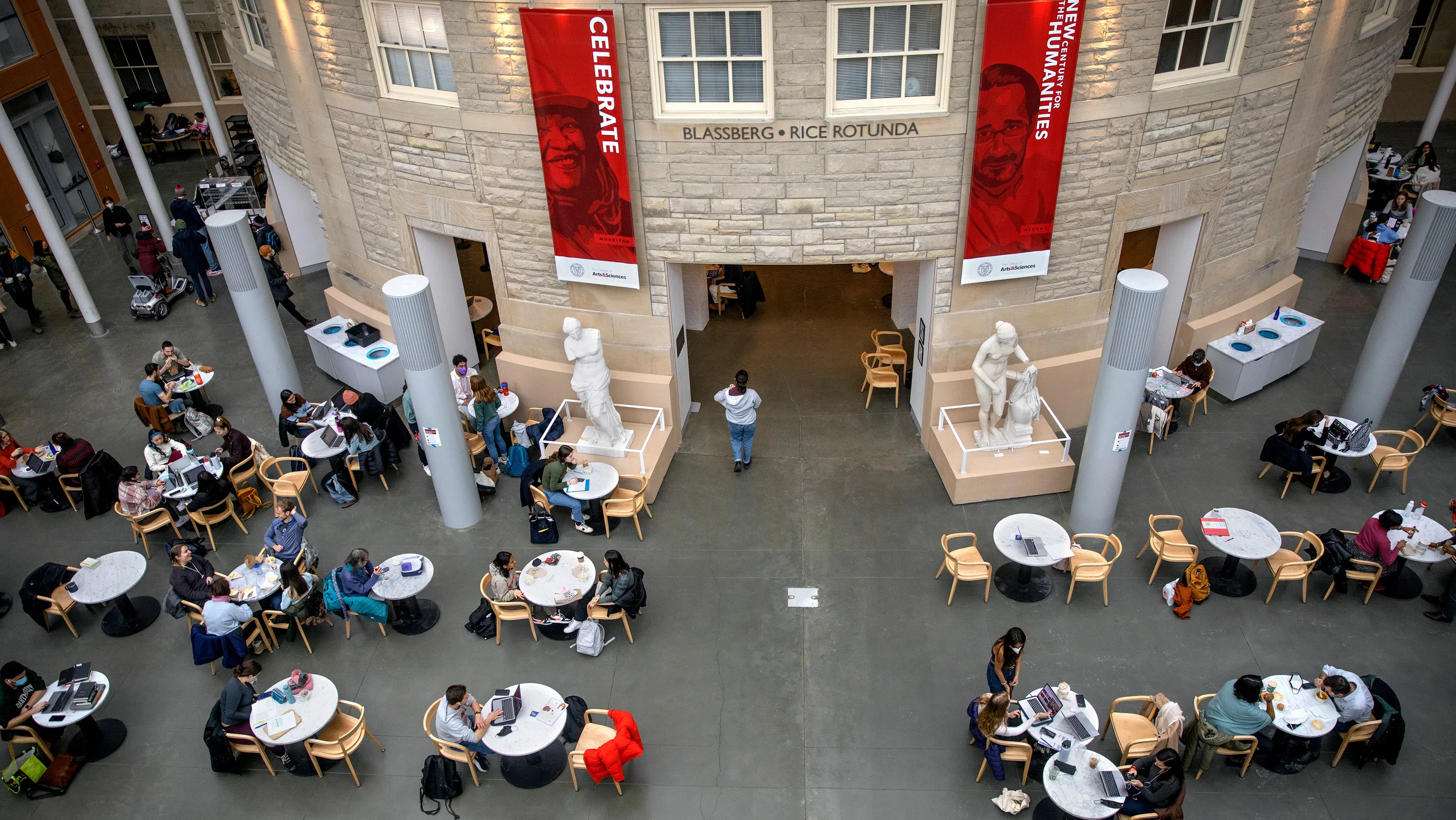 An overhead view of Klarman Hall's atrium, where students can collaborate in small groups, study quietly or enjoy a bite from the Temple of Zeus café.