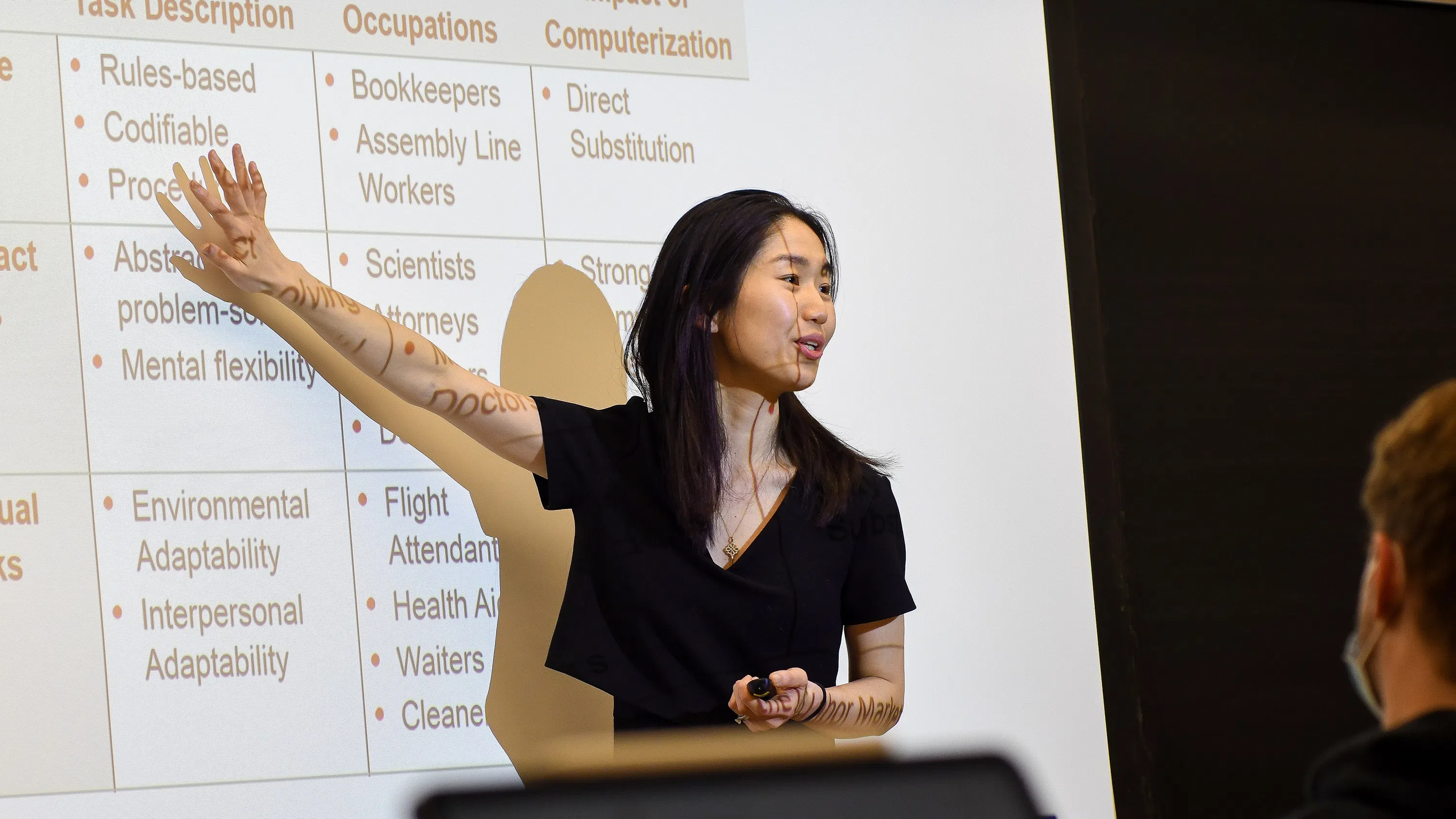 A professor points at a projector screen that shows a table of text, some of which is superimposed over her. 