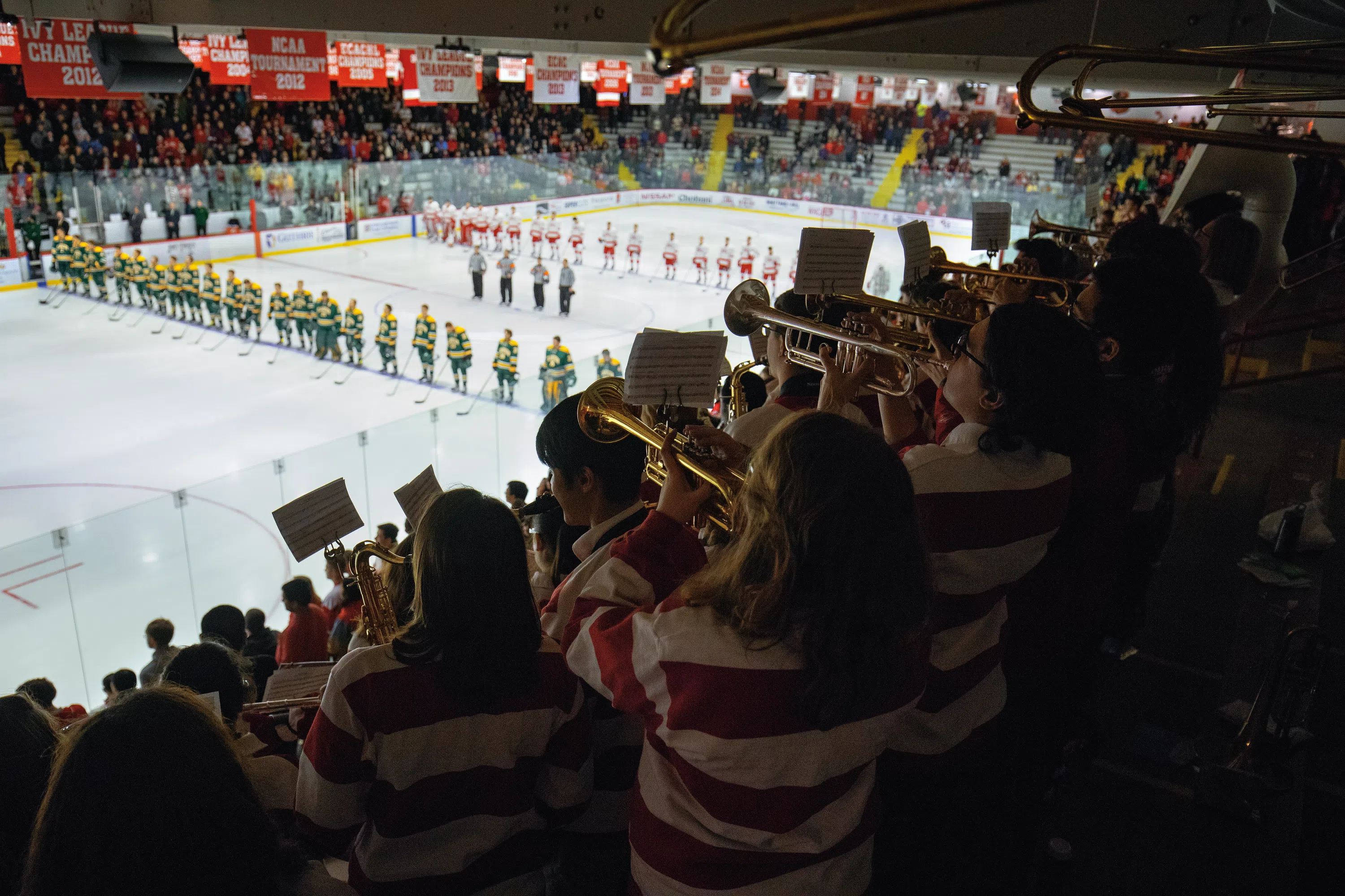 The Cornell University Pep Band performs at the start of a men's ice hockey game in Lynah Rink.