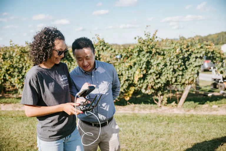 A professor and graduate student use a remote control instrument to operate a drone in a research vineyard.