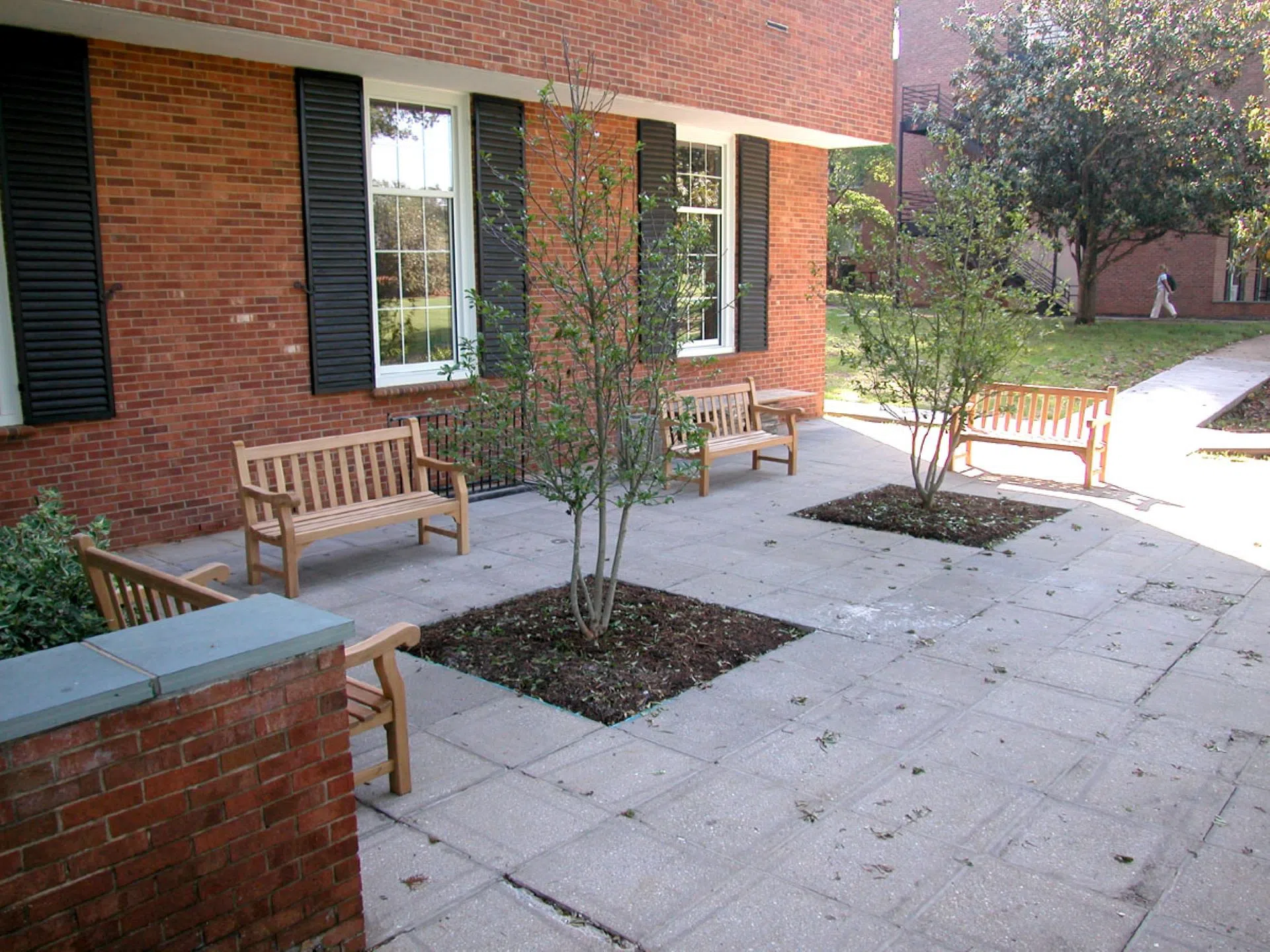 A brick building with black-shuttered windows is the backdrop of a paved courtyard with four wooden bench and two small trees.