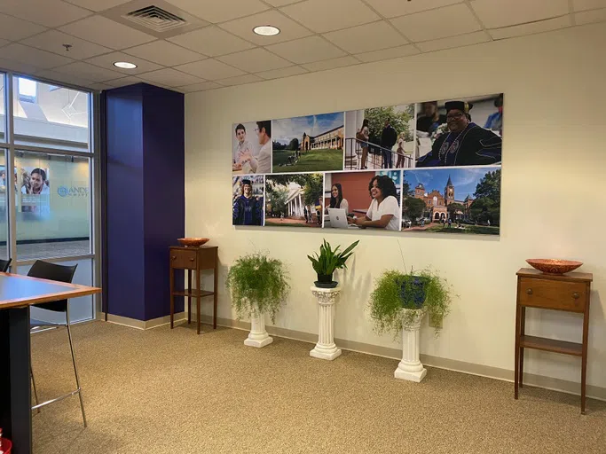 Three white pedestals, each topped with living plants, are positioned between two bowl-topped tables beneath a large collage of photos. The collage features images of  two graduates in regalia, students working in the classroom and three brick buildings from the Converse Spartanburg campus.