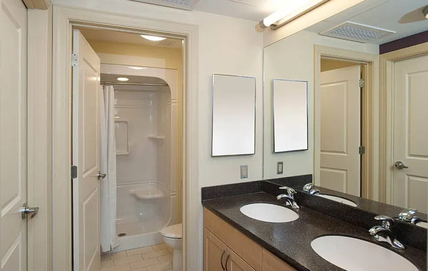 A small bath features two sinks and separate, enclosed shower area.