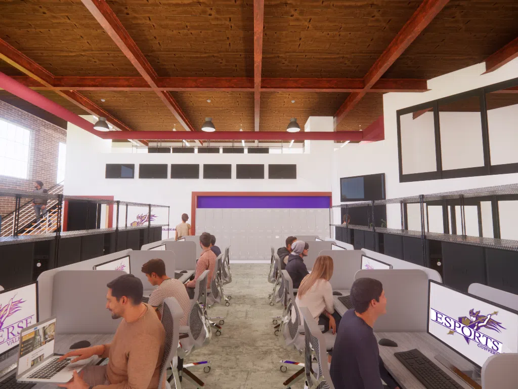 A computer-generated rendering of a room lined with 5 computer stations on each side. Students sit at the computer stations using computer that show a purple and gold logo featuring a female warrior with long, flowing hair and the words "Converse esports" below.