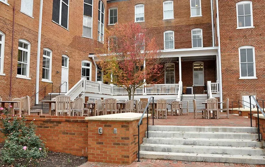 Six concrete stairs lead up to a brick terrace with with wooden tables and chairs. A pink rose bus in the lower left corner sits grows in front of a low brick wall. In the background, a covered porch leads into a three-story brick building.