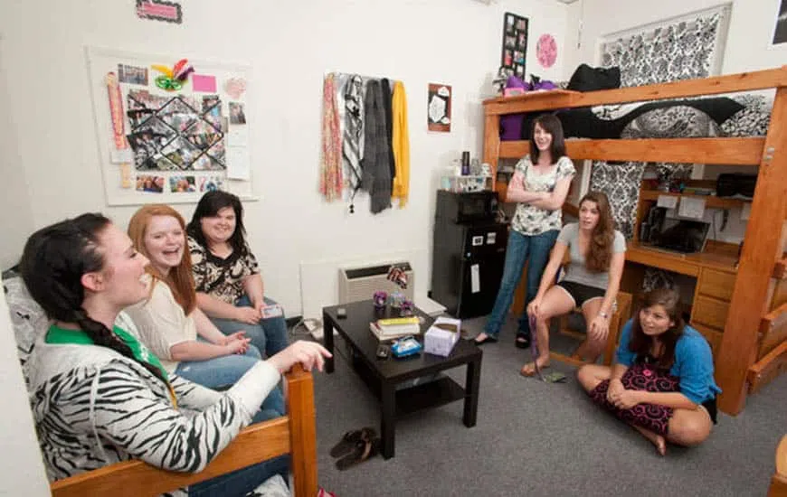 Six female students talk together in a dorm room. Three sit on a sofa and three lean against wooden bunk beds. A rack with scarves hangs on the wall in the center.